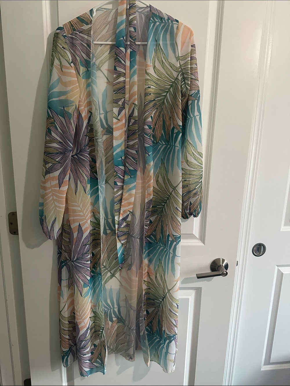 Lightweight Tropical Print Sheer Duster - Teal, Peach, Lavender